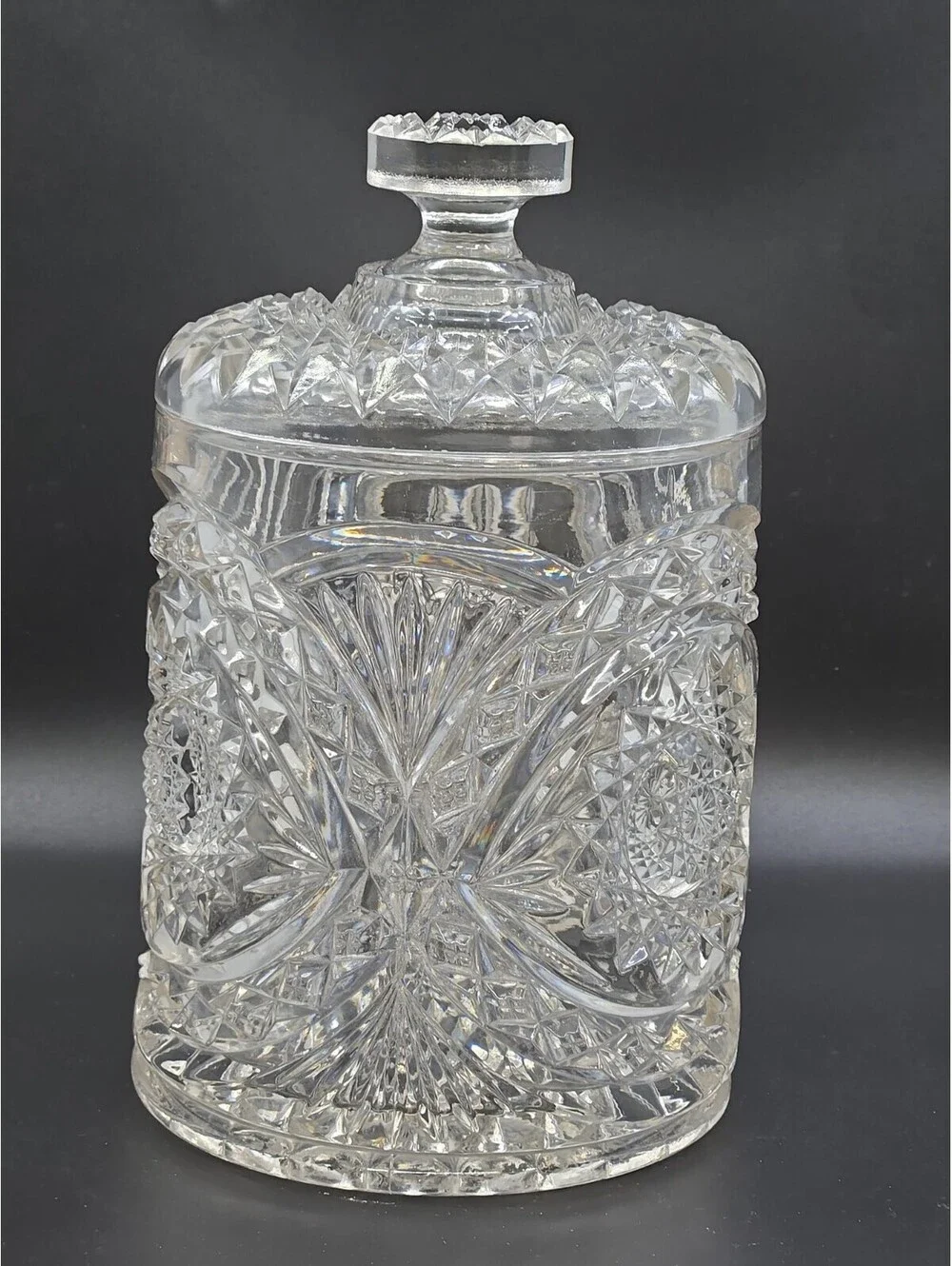 Vintage Imperial Glass Hobstar Roanoke Biscuit Barrel Cracker Jar w/Lid 7.75